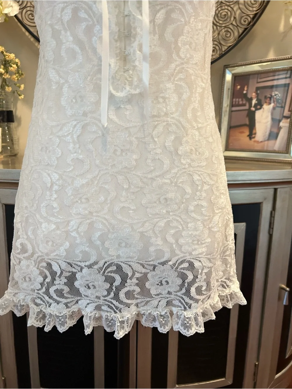 Delicate Lace Chemise Slip in Ivory with Ribbon Tie